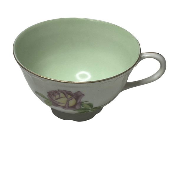 Lefton China Footed Tea Cups Saucer #2755 Gold Gilt 1950's Roses Mint Green - Picture 6 of 10